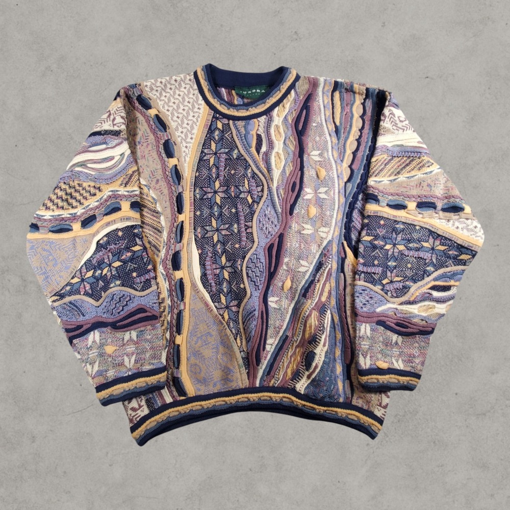 Tundra Canada Sweater Mens Large 3D Knit Mercerized Cotton Multi Color Vintage
